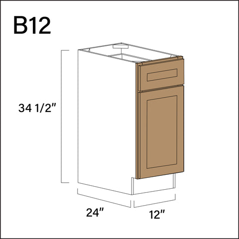 Wood Brown Shaker 1 Drawer 1 Door Kitchen Base Cabinet - 12" W x 34.5" H x 24" D