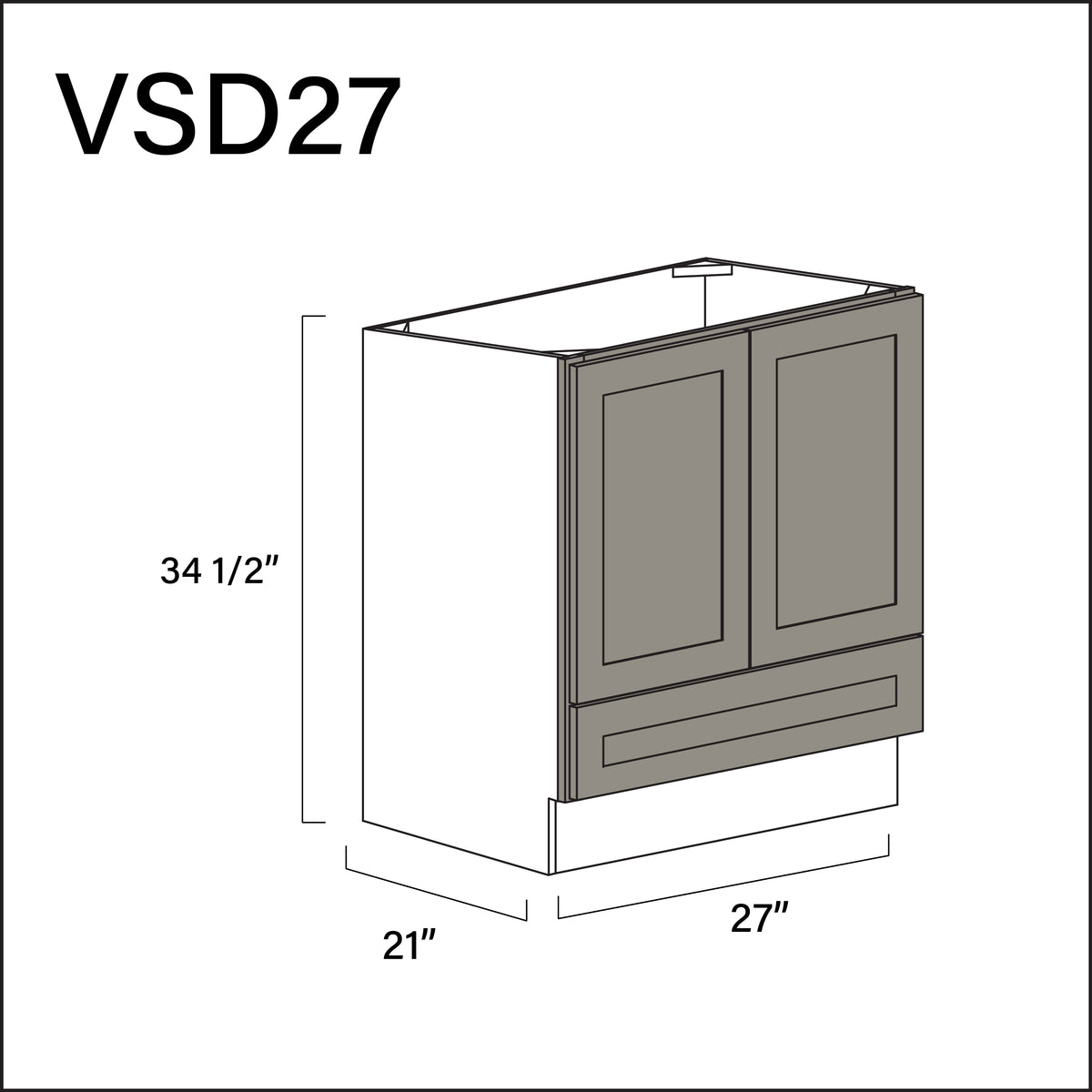 Dark Taupe Shaker Bottom Drawer Vanity Sink Base Cabinet - 27" W x 34.5" H x 21" D