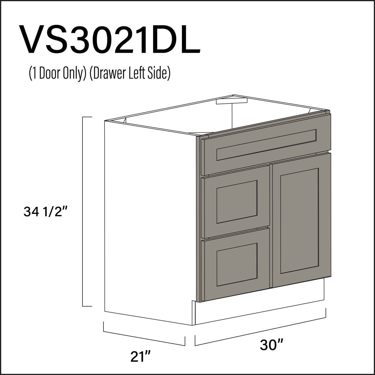 Dark Taupe Shaker 2-Drawer Vanity (L) Base Cabinet - 30" W x 34.5" H x 21" D