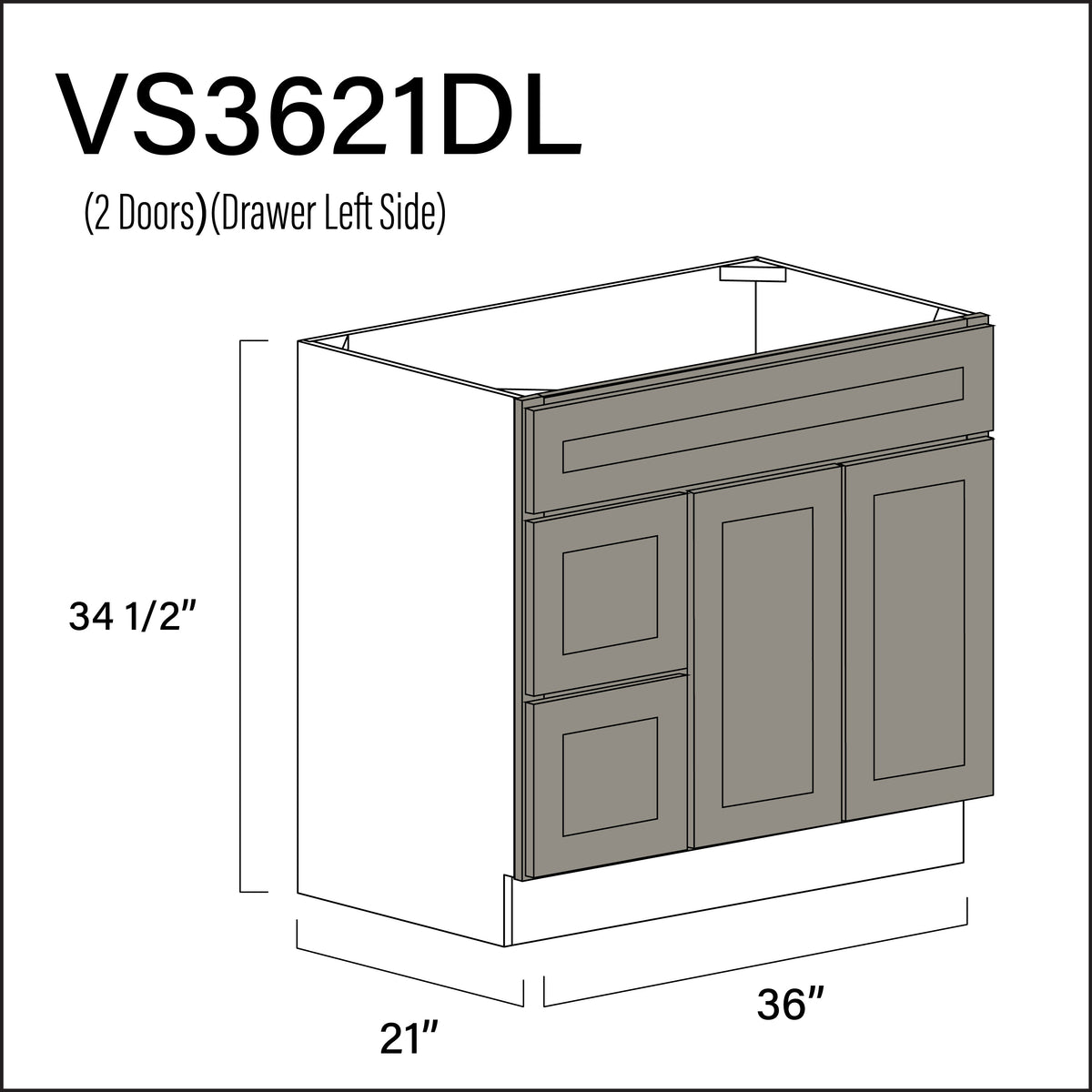 Dark Taupe Shaker 2-Drawer Vanity (L) Base Cabinet - 36" W x 34.5" H x 21" D