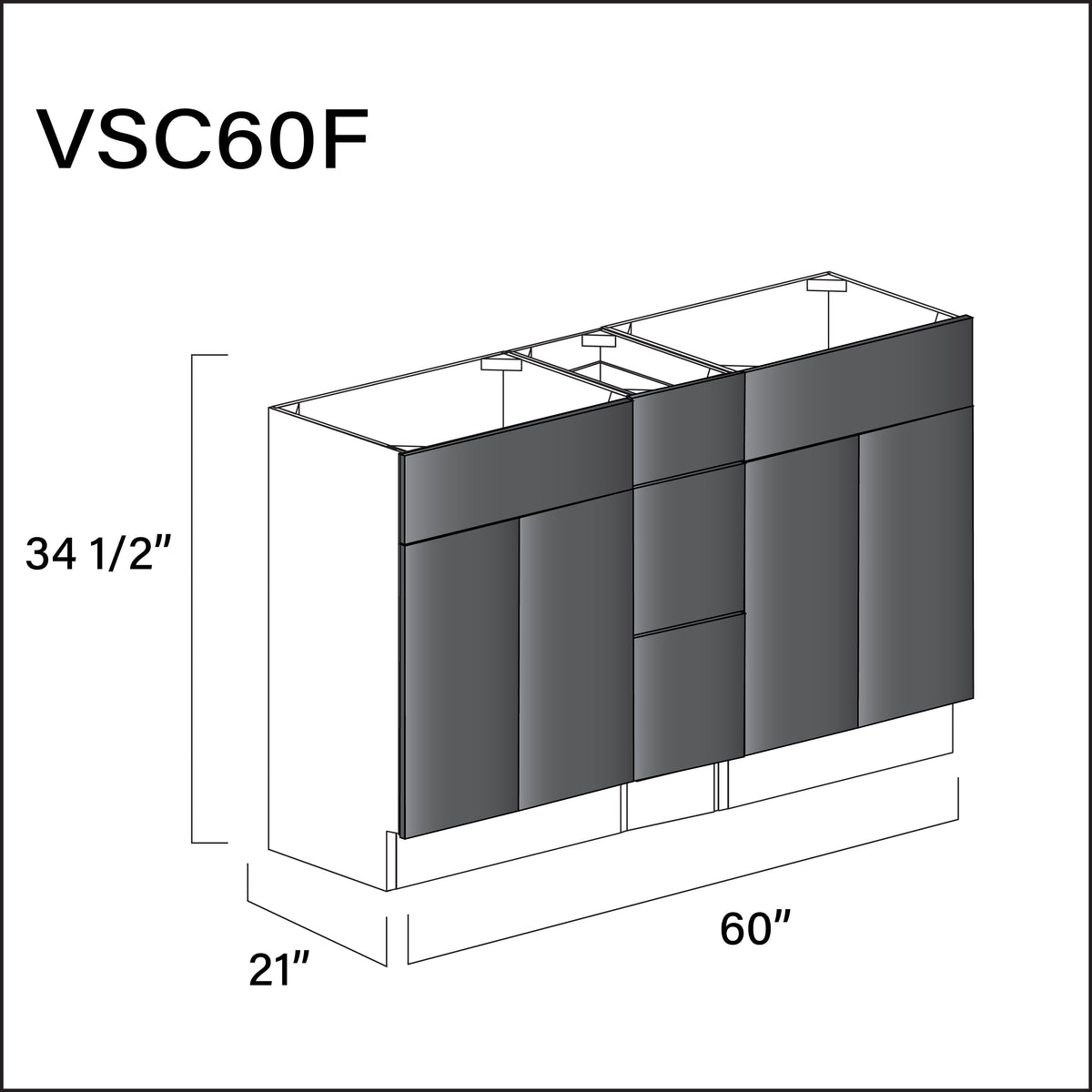 Glossy Gray Frameless Vanity Sink Combo F Cabinets - 60" W x 34.5" H x 21" D