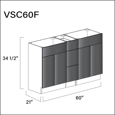 Glossy Gray Frameless Vanity Sink Combo F Cabinets - 60" W x 34.5" H x 21" D