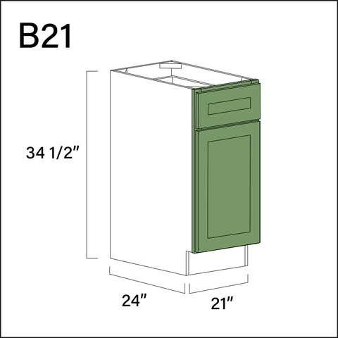 Emerald Green Shaker 1 Drawer 1 Door Kitchen Base Cabinet - 21" W x 34.5" H x 24" D