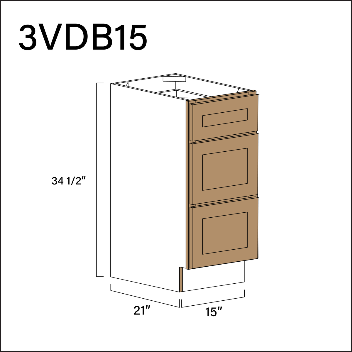 Wood Brown Shaker Vanity 3-Drawer Storage Cabinet - 15" W x 34.5" H x 21" D