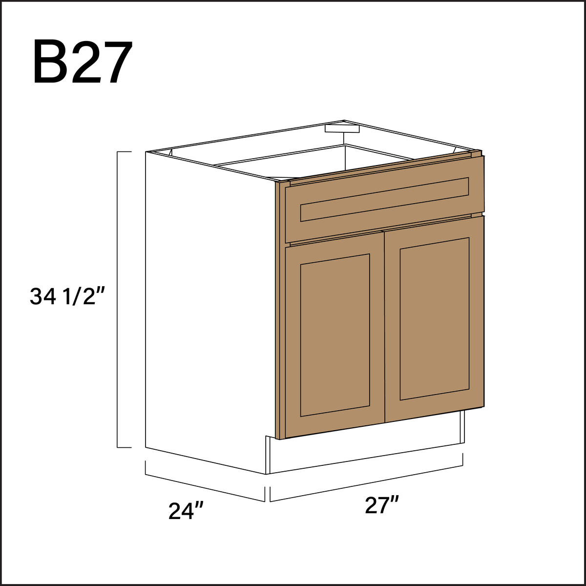 Wood Brown Shaker 1 Drawer 2 Door Kitchen Base Cabinet - 27" W x 34.5" H x 24" D