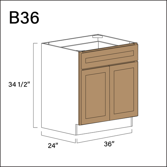Wood Brown Shaker 1 Drawer 2 Door Kitchen Base Cabinet - 36" W x 34.5" H x 24" D