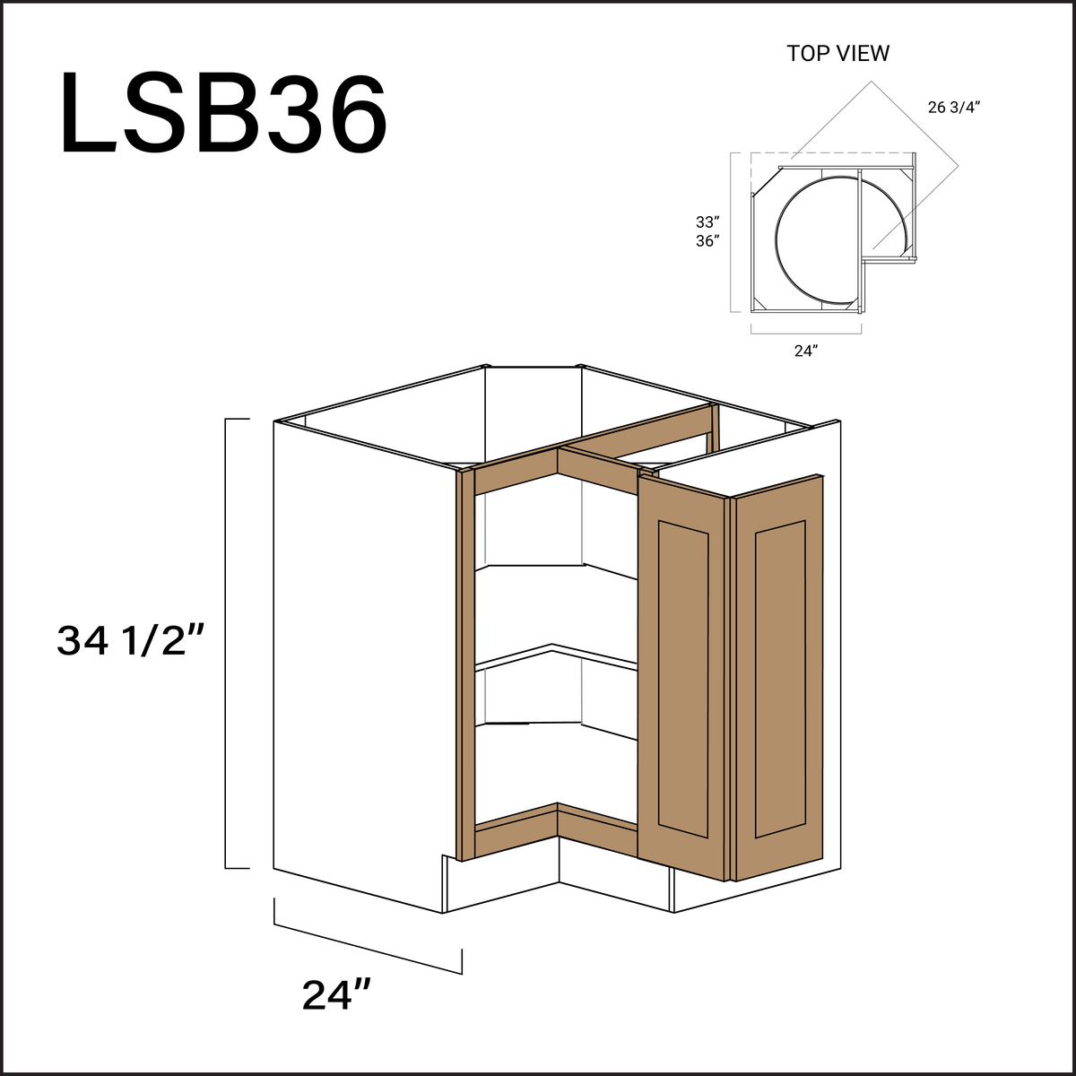 Wood Brown Shaker Lazy Susan Kitchen Cabinet - 36" W x 34.5" H x 24" D