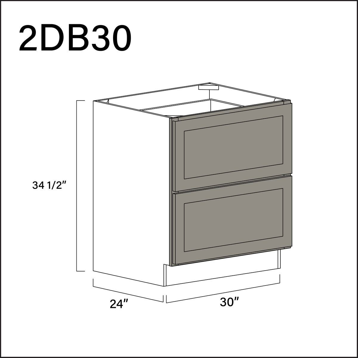 Dark Taupe Shaker 2 Drawer Kitchen Base Cabinet - 30" W x 34.5" H x 24" D