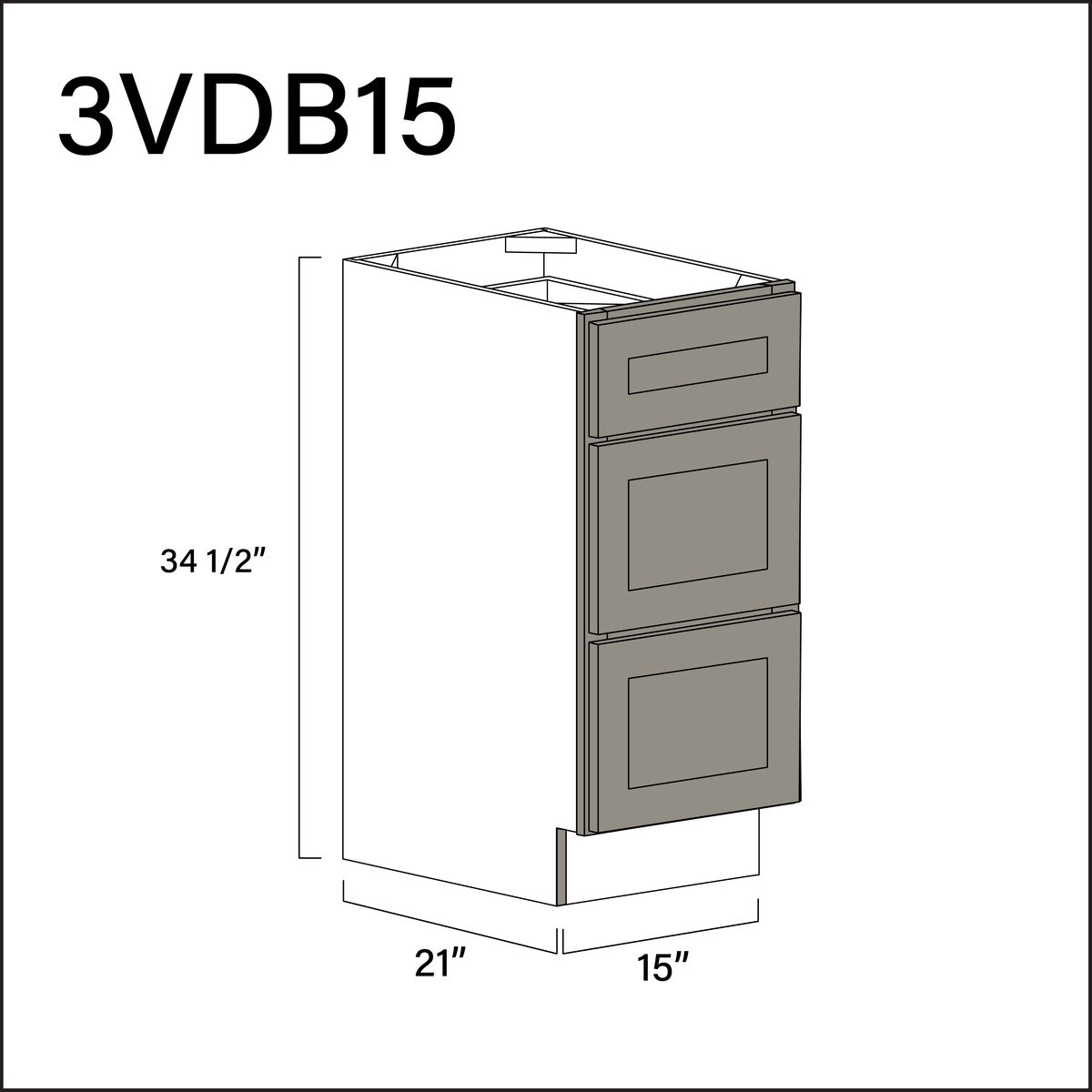Dark Taupe Shaker Vanity 3-Drawer Storage Cabinet - 15" W x 34.5" H x 21" D