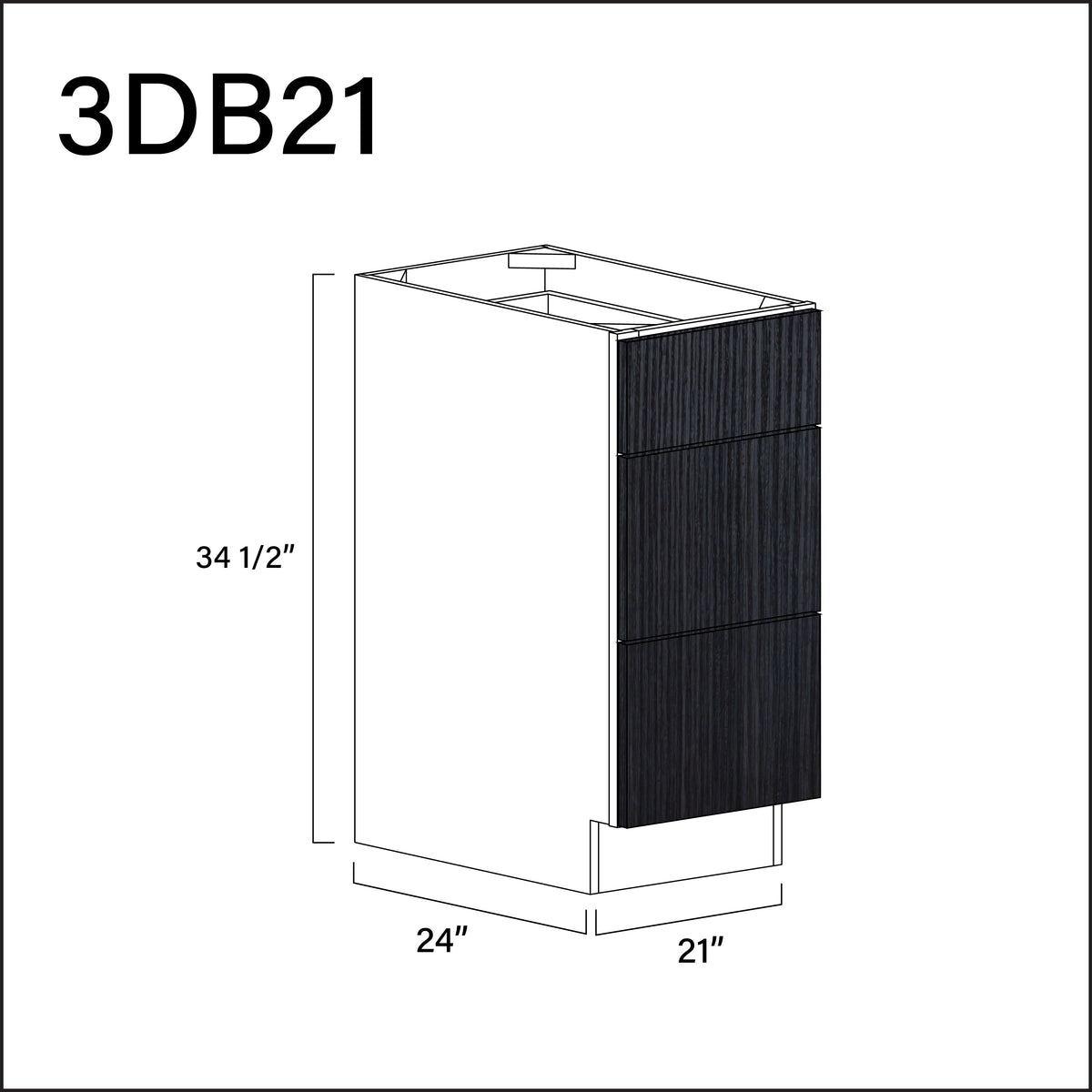 Darkwood Frameless 3 Drawer Kitchen Base Cabinet - 21" W x 34.5" H x 24" D
