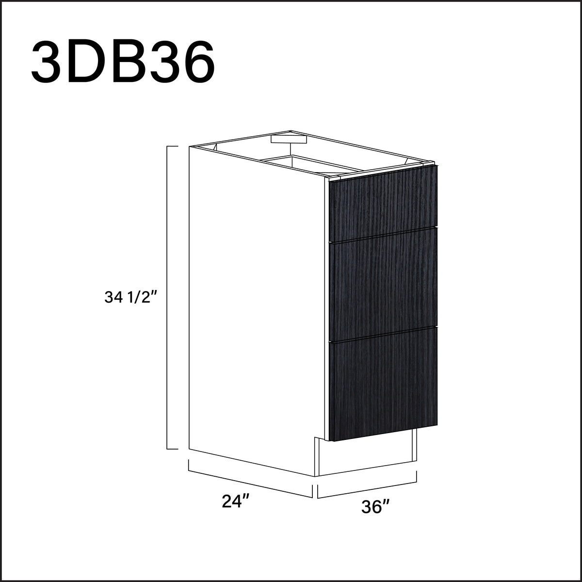 Darkwood Frameless 3 Drawer Kitchen Base Cabinet - 36" W x 34.5" H x 24" D