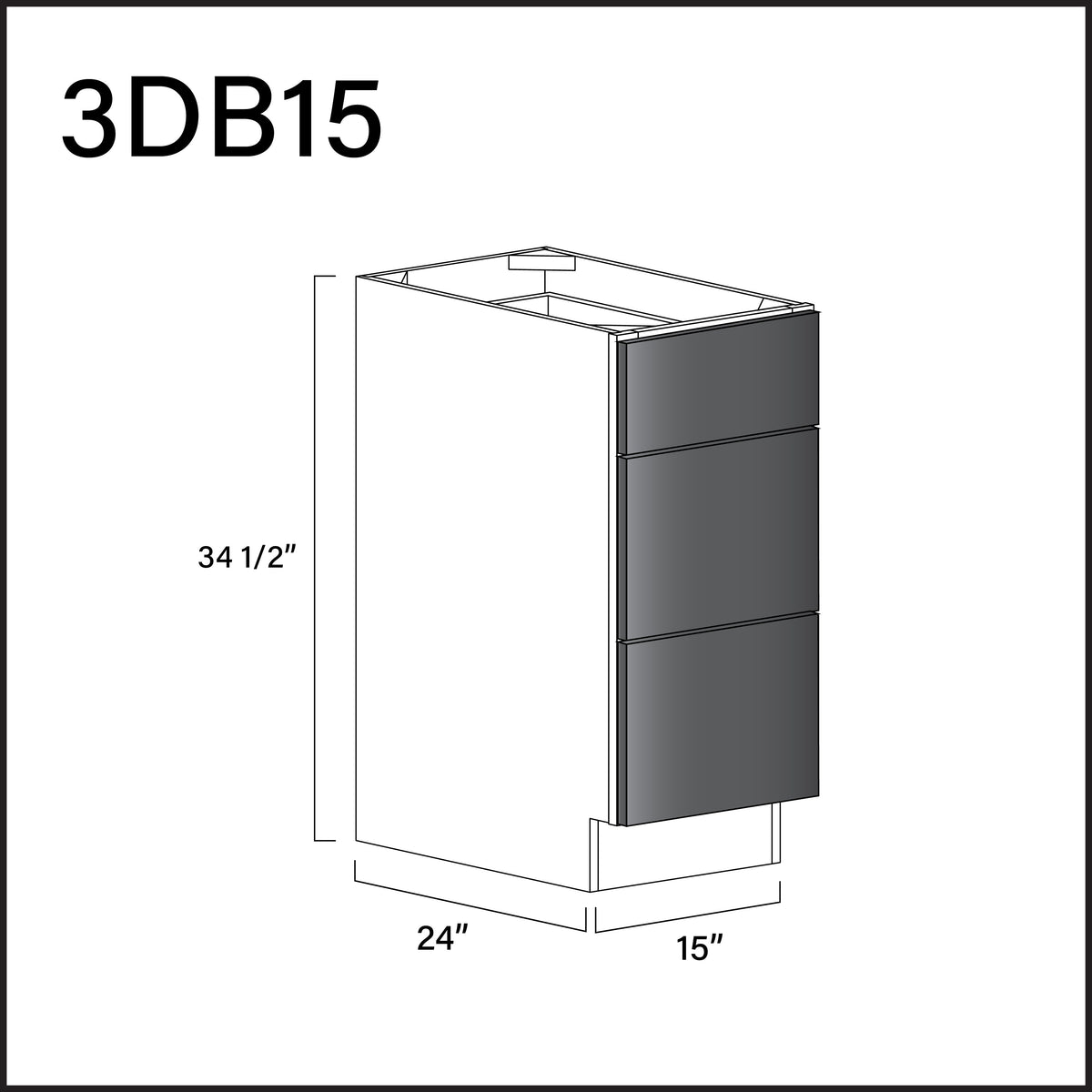 Glossy Gray Frameless 3 Drawer Kitchen Base Cabinet - 15" W x 34.5" H x 24" D