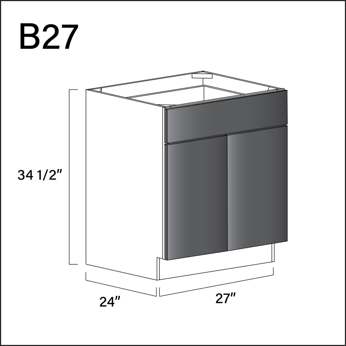 Glossy Gray Frameless 1 Drawer 2 Door Kitchen Base Cabinet - 27" W x 34.5" H x 24" D