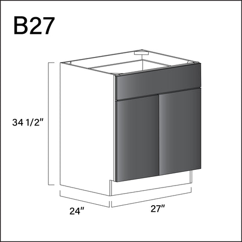 Glossy Gray Frameless 1 Drawer 2 Door Kitchen Base Cabinet - 27" W x 34.5" H x 24" D