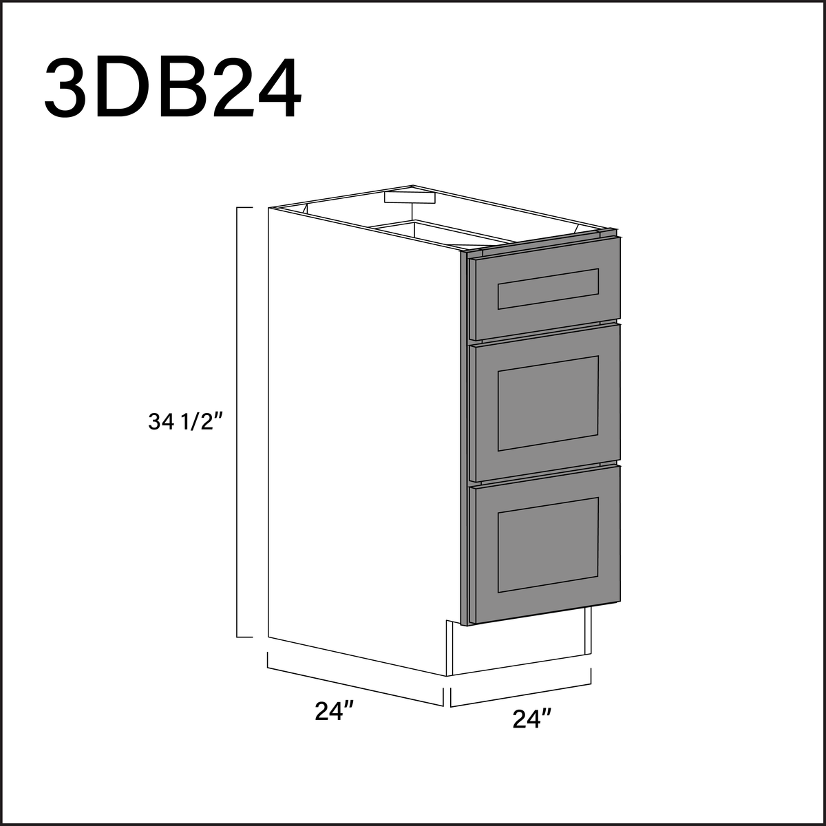Earth Grey Shaker 3 Drawer Kitchen Base Cabinet - 24" W x 34.5" H x 24" D
