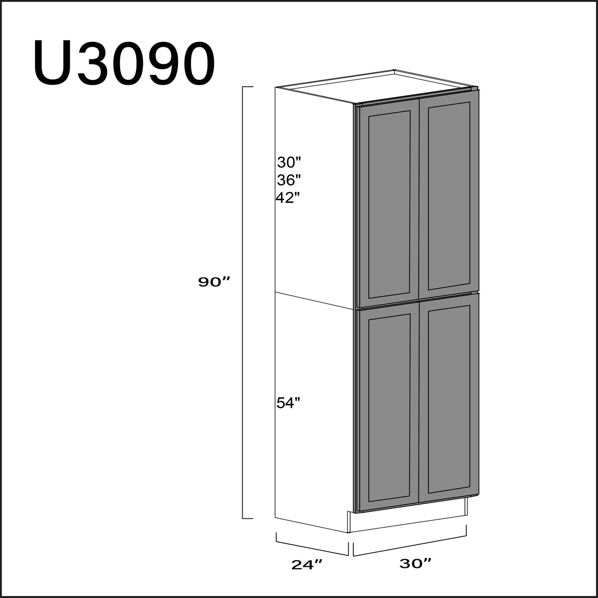 Earth Grey Shaker Double Door Pantry Cabinet - 30" W x 90" H x 24" D