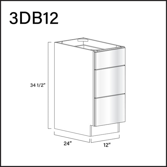 Glossy White Frameless 3 Drawer Kitchen Base Cabinet - 12" W x 34.5" H x 24" D