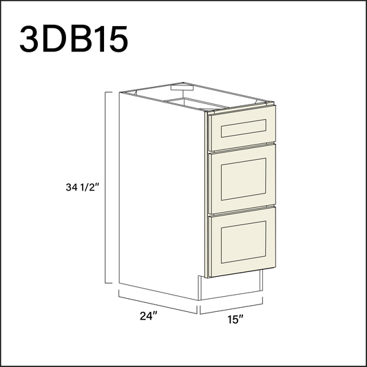 Milkshake White 3 Drawer Kitchen Base Cabinet - 15" W x 34.5" H x 24" D
