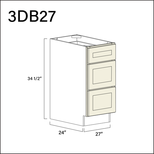 Milkshake White 3 Drawer Kitchen Base Cabinet - 27" W x 34.5" H x 24" D