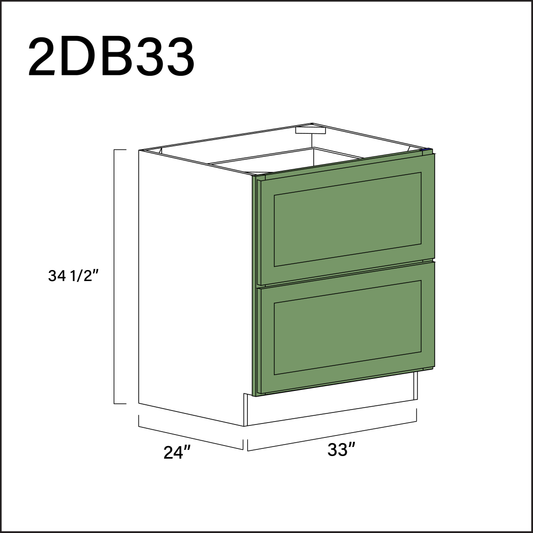 Emerald Green Shaker 2 Drawer Kitchen Base Cabinet - 33" W x 34.5" H x 24" D