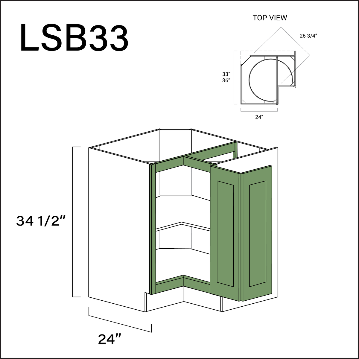 Emerald Green Shaker Lazy Susan Kitchen Cabinet - 33" W x 34.5" H x 24" D