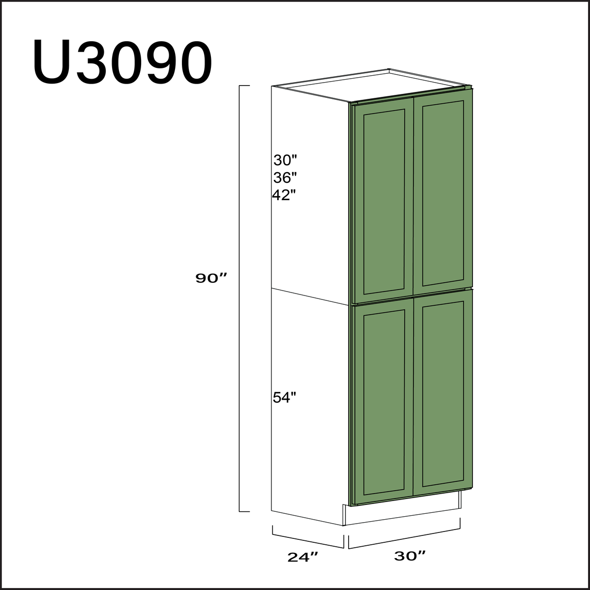 Emerald Green Shaker Double Door Pantry Cabinet - 30" W x 90" H x 24" D