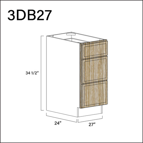 Angel Oak Slim Shaker 3 Drawer Kitchen Base Cabinet - 27" W x 34.5" H x 24" D
