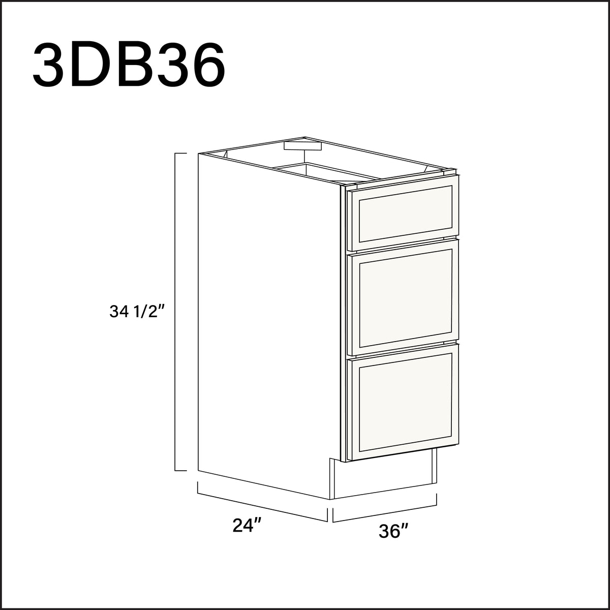 Angel White Slim Shaker 3 Drawer Kitchen Base Cabinet - 36" W x 34.5" H x 24" D