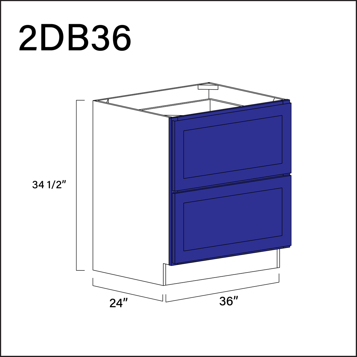 Royal Blue Shaker 2 Drawer Kitchen Base Cabinet - 36" W x 34.5" H x 24" D