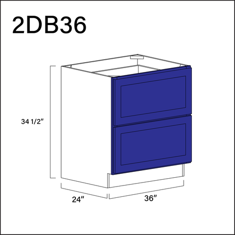 Royal Blue Shaker 2 Drawer Kitchen Base Cabinet - 36" W x 34.5" H x 24" D