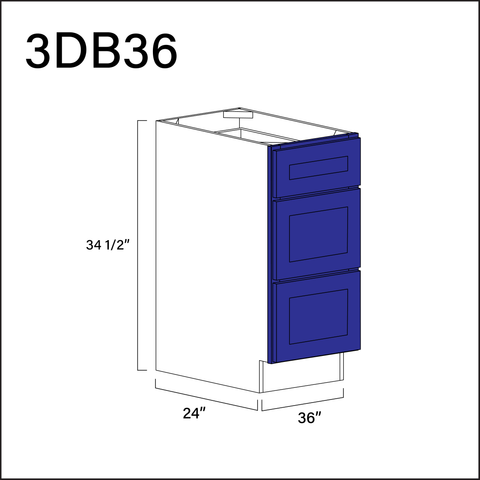 Royal Blue Shaker 3 Drawer Kitchen Base Cabinet - 36" W x 34.5" H x 24" D