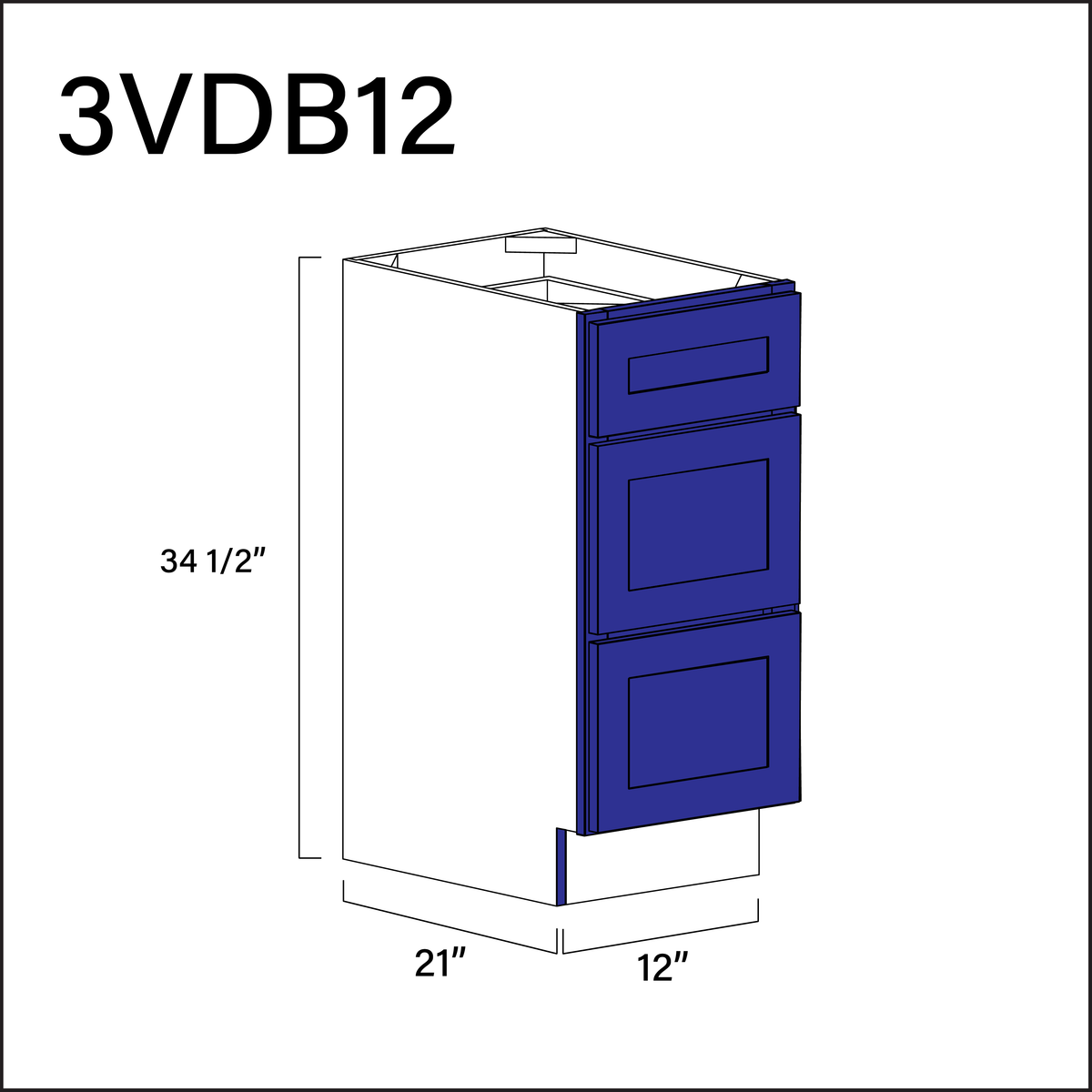 Royal Blue Shaker Vanity 3-Drawer Storage Cabinet - 12" W x 34.5" H x 21" D