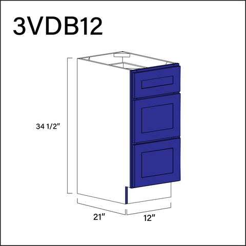 Royal Blue Shaker Vanity 3-Drawer Storage Cabinet - 12" W x 34.5" H x 21" D