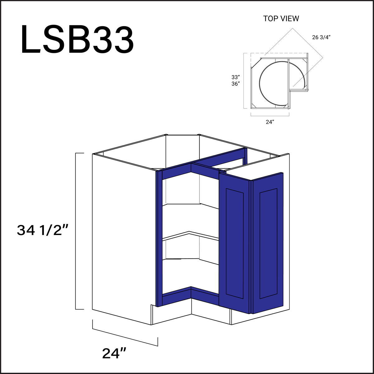 Blue Shaker Lazy Susan Kitchen Cabinet - 33" W x 34.5" H x 24" D
