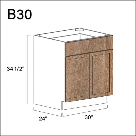 Textured Oak Shaker 1 Drawer 2 Door Kitchen Base Cabinet - 30" W x 34.5" H x 24" D