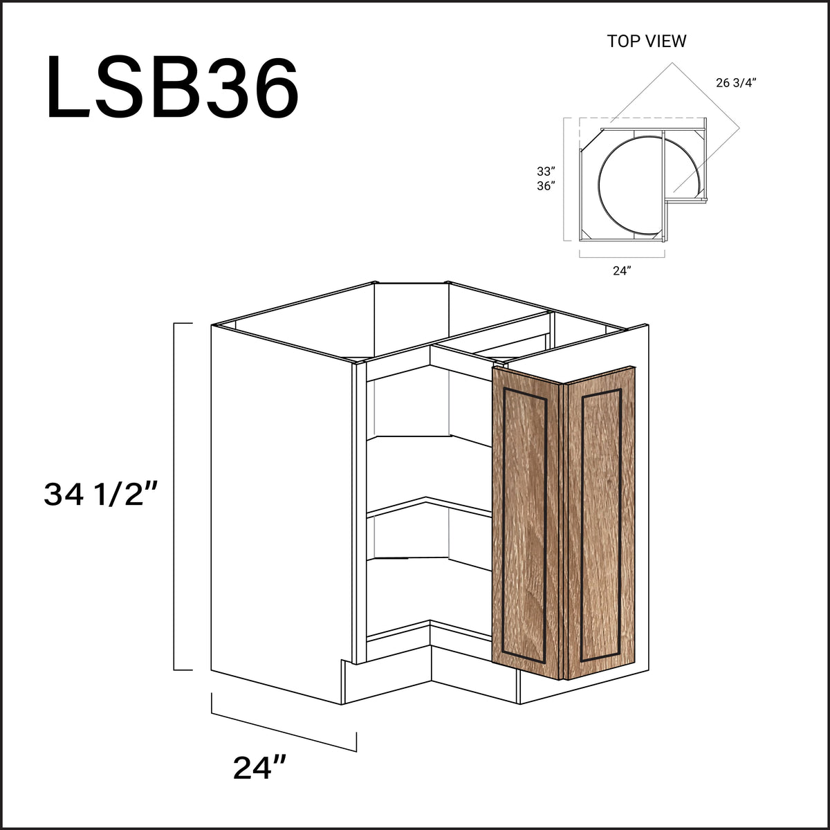 Textured Oak Shaker Lazy Susan Kitchen Cabinet - 36" W x 34.5" H x 24" D