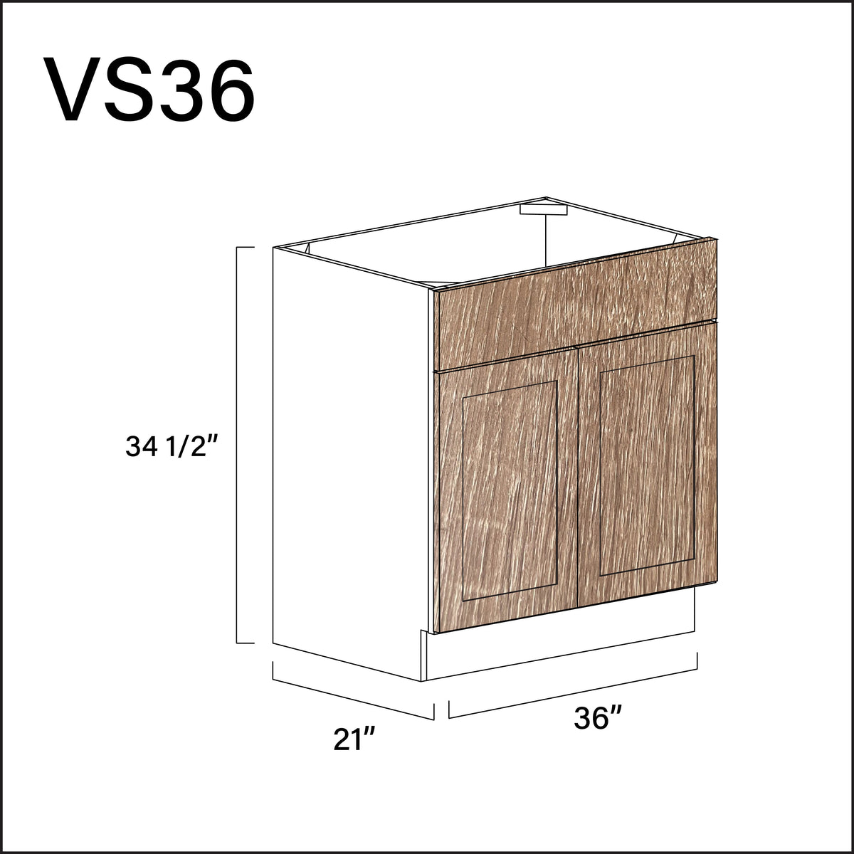 Textured Oak Shaker Vanity Sink Base Cabinet - 36" W x 34.5" H x 21" D